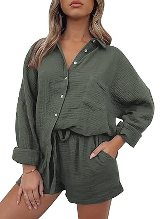 2 Piece Outfits For Women Lounge Sets Pajama Sets Long Sleeve Button Down Oversized Shirts And Shorts Fall Tracksuit