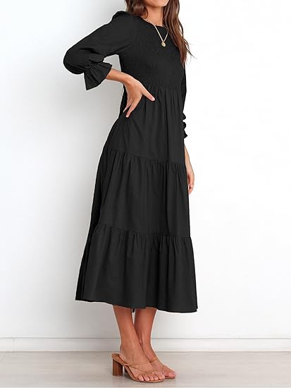 Autumn Women's Casual Long Sleeve Dress Fall Dress Solid Color Loose Fit Ruffled Layered Flowy Maxi Dress